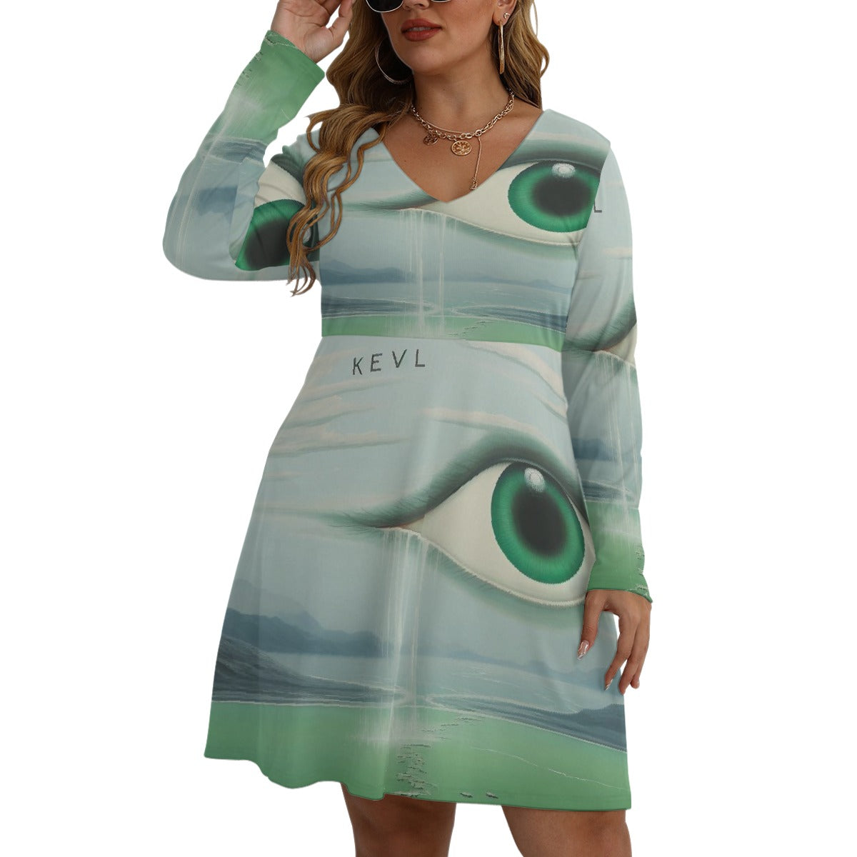 All-Over Print Women's V-neck Long Sleeve Dress(Plus Size)