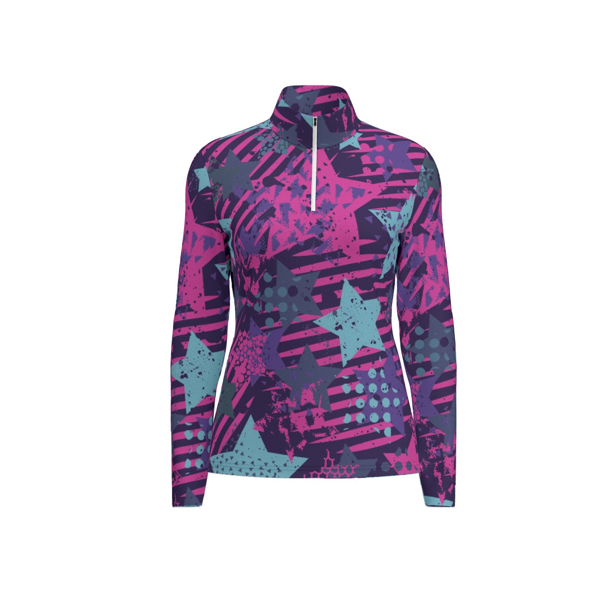 All-Over Print Women's Sports Collar Jersey With Long Sleeve