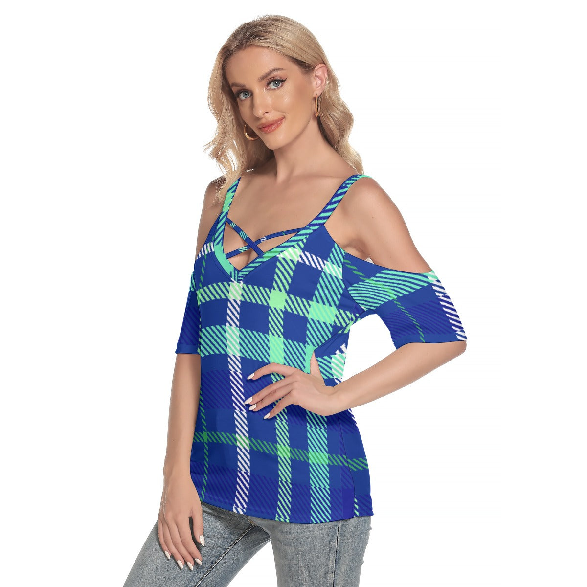 All-Over Print Women's Cold Shoulder T-shirt With Criss Cross Strips