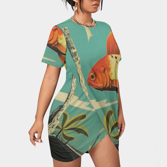 All-Over Print Women’s Stacked Hem Dress With Short Sleeve（Plus Size）