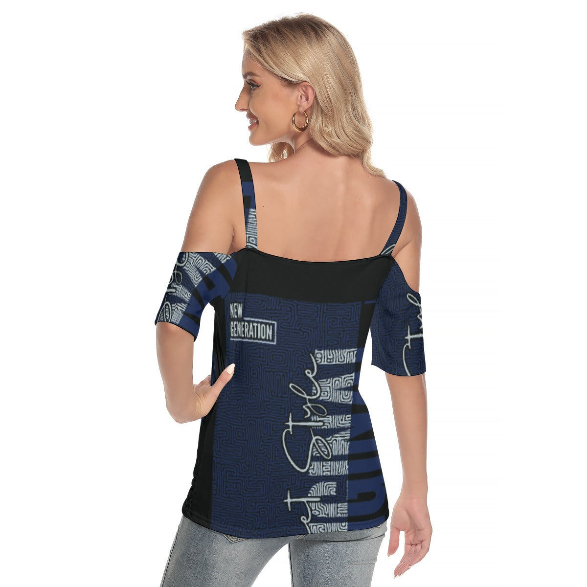 All-Over Print Women's Cold Shoulder T-shirt With Criss Cross Strips