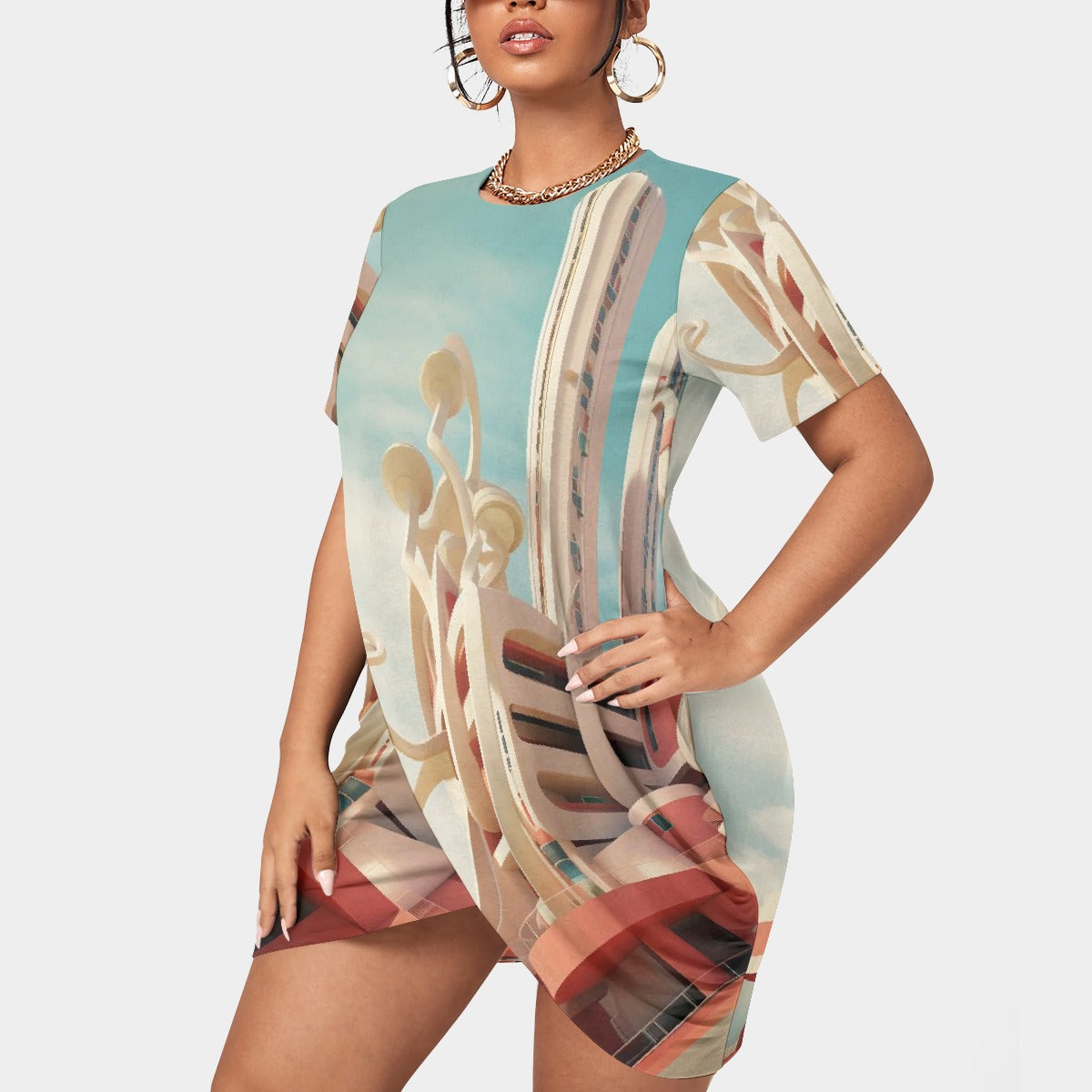 All-Over Print Women’s Stacked Hem Dress With Short Sleeve（Plus Size）