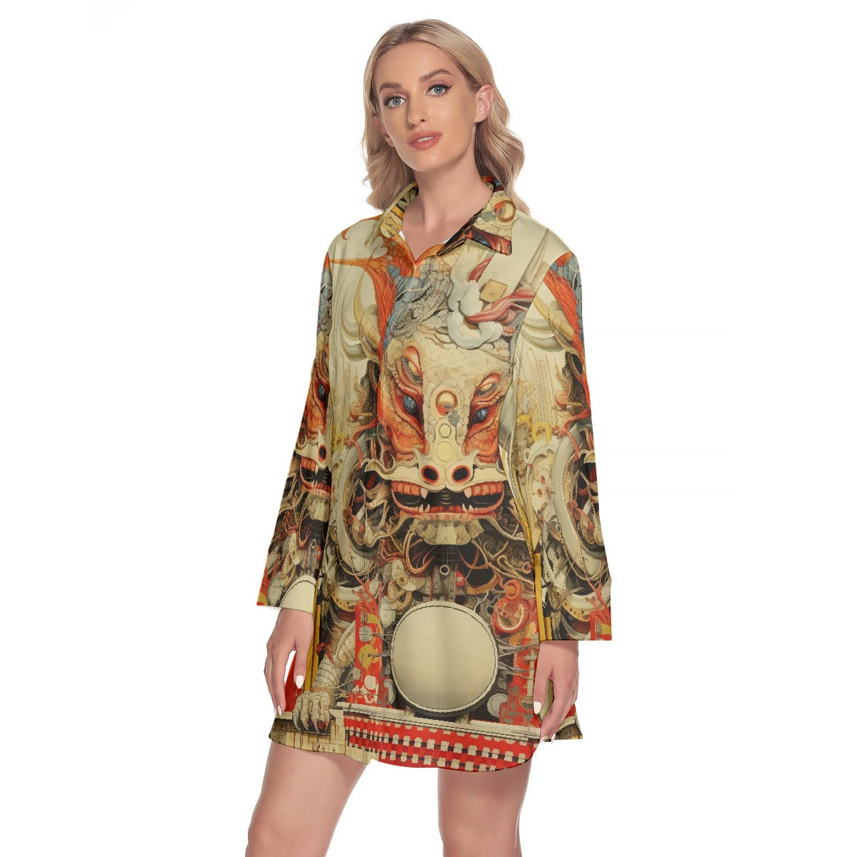 All-Over Print Women's Lapel Shirt Dress With Long Sleeve