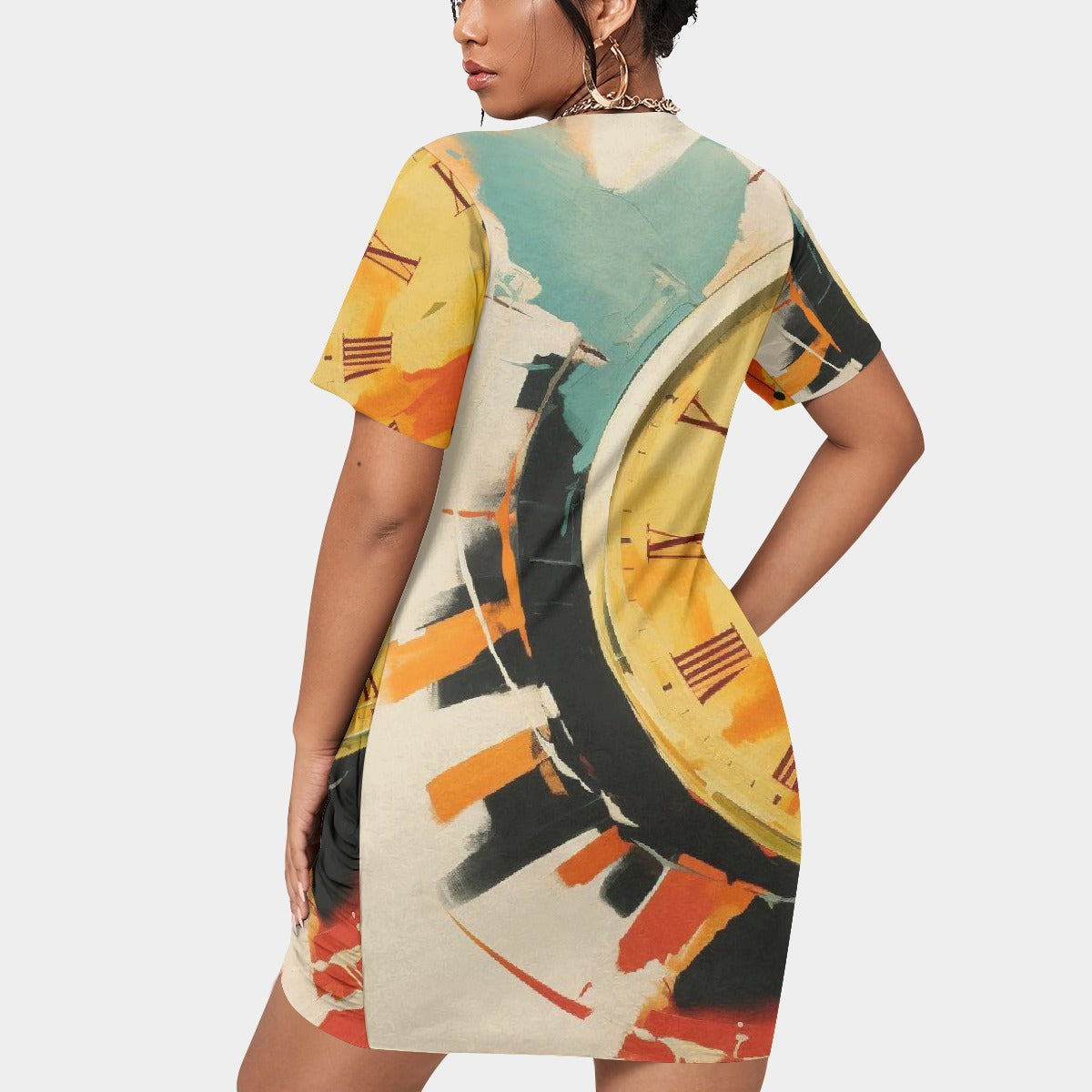 All-Over Print Women’s Stacked Hem Dress With Short Sleeve（Plus Size）