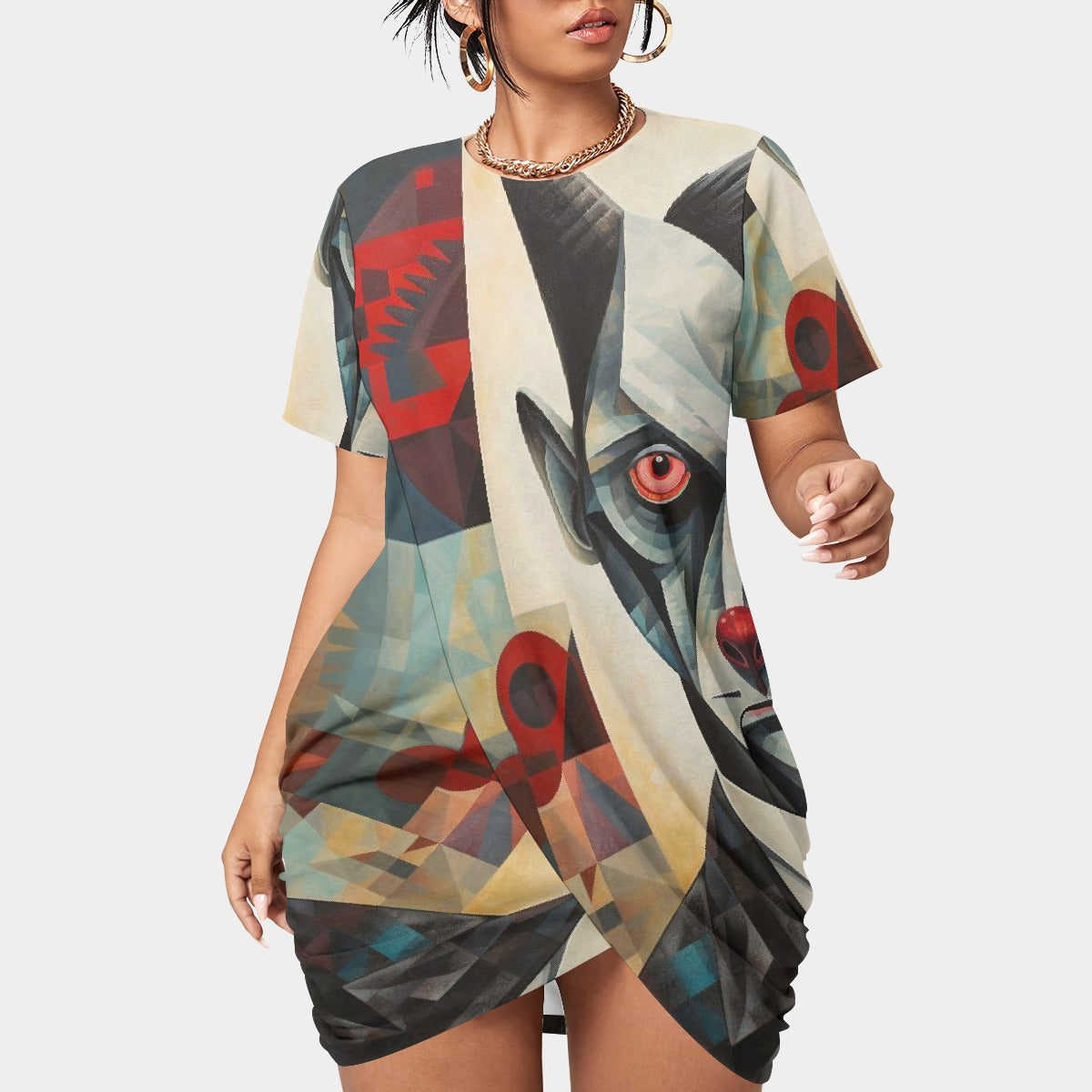 All-Over Print Women’s Stacked Hem Dress With Short Sleeve（Plus Size）