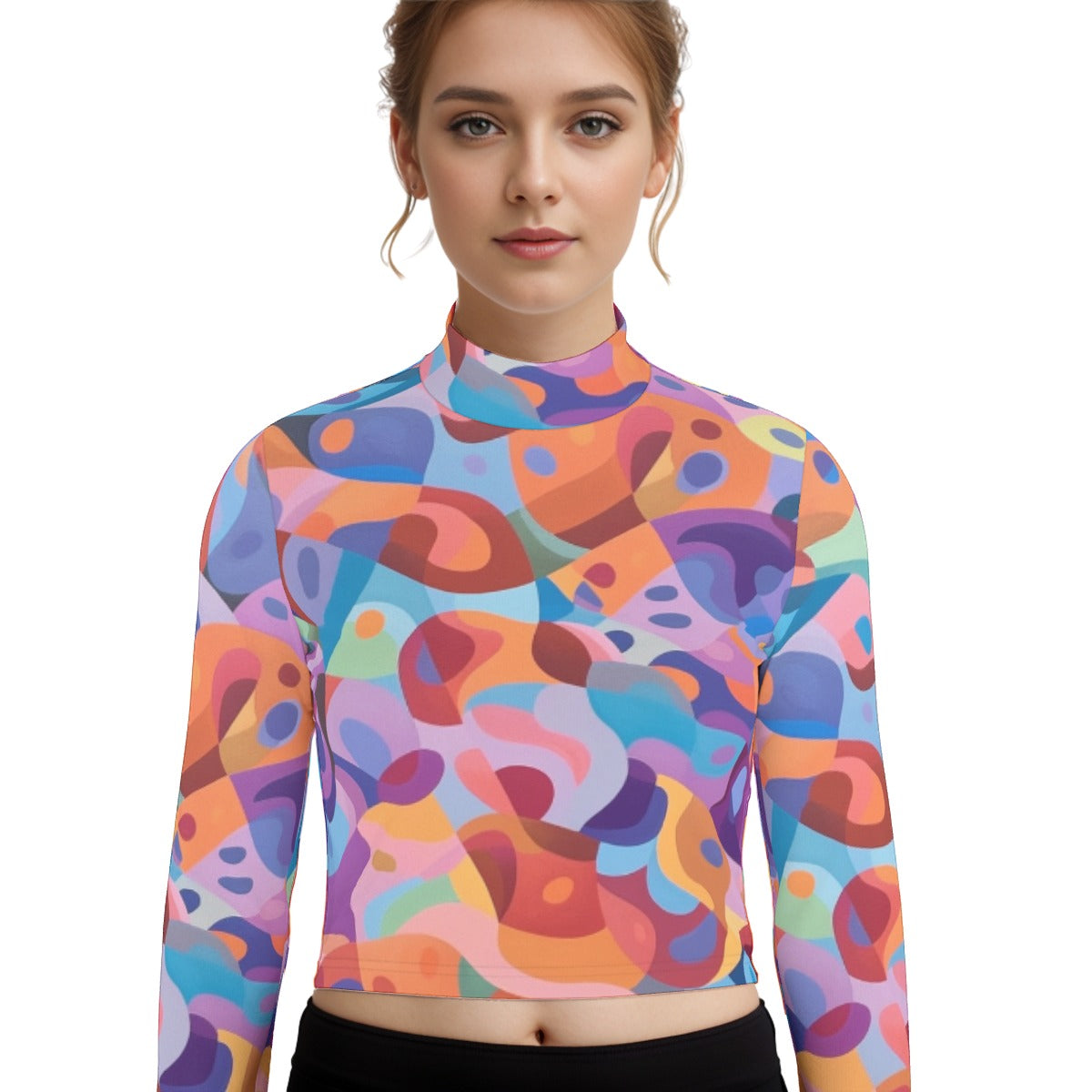 Eco-Friendly All-Over Print Women's Turtleneck T-shirt With Long Sleeve