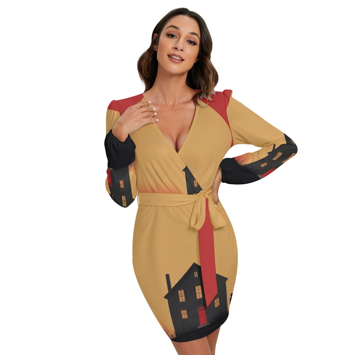 All-Over Print Women's Long Sleeve Dress With Waist Belt