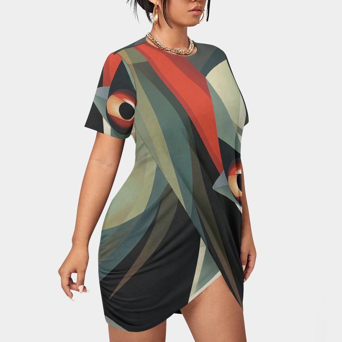 All-Over Print Women’s Stacked Hem Dress With Short Sleeve（Plus Size）