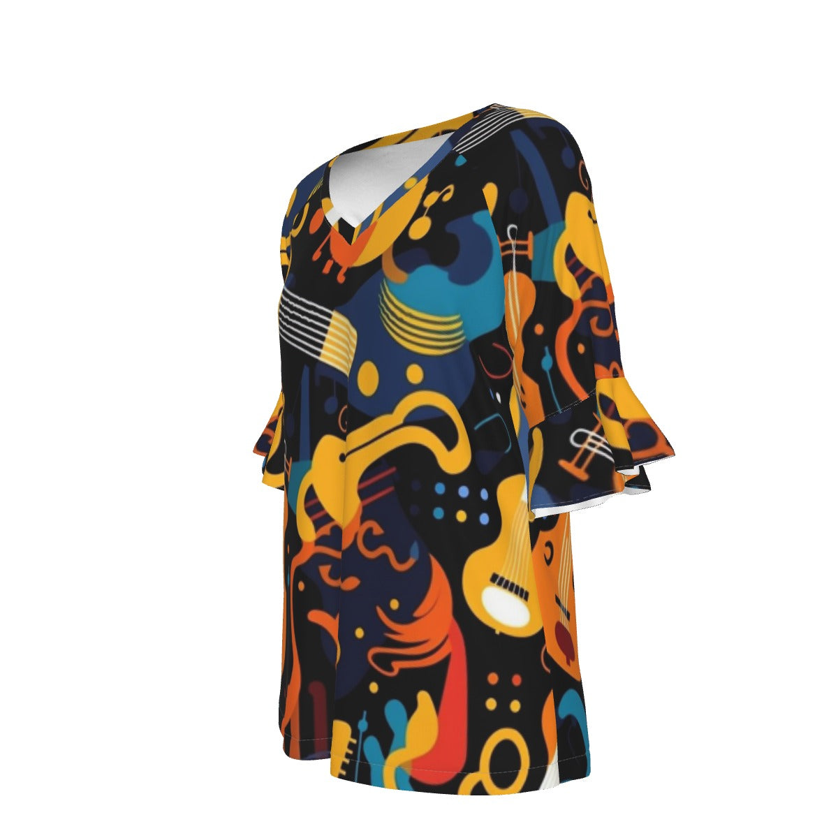 All-Over Print V-neck Women's T-shirt With Bell Sleeve