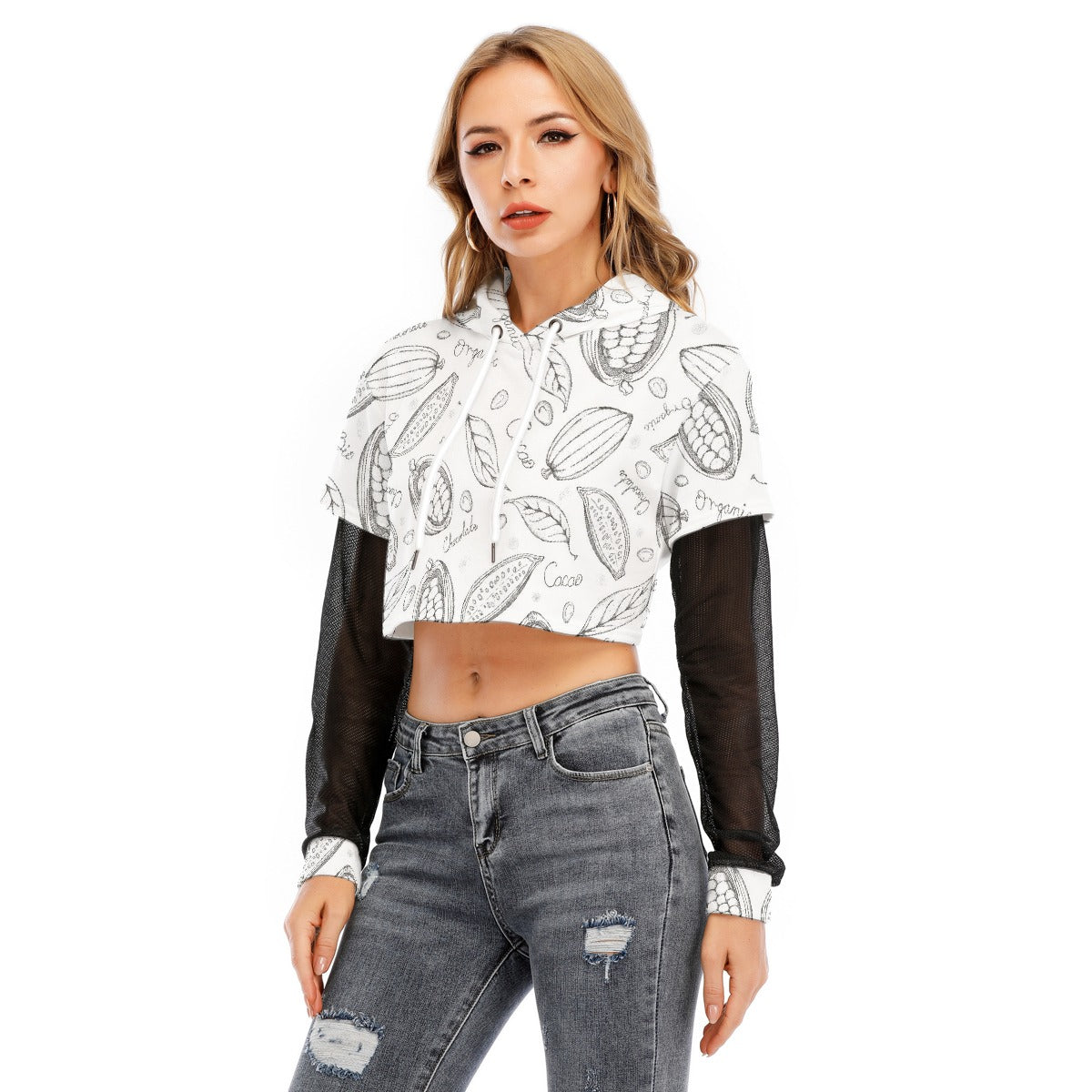 All-Over Print Women's Fake Two-piece Mesh Sleeve Cropped Hoodie