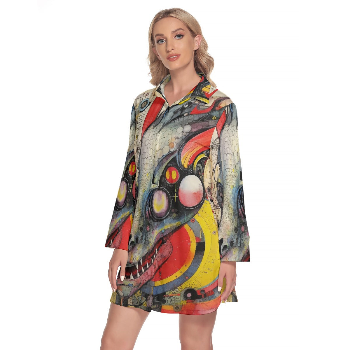 All-Over Print Women's Lapel Shirt Dress With Long Sleeve