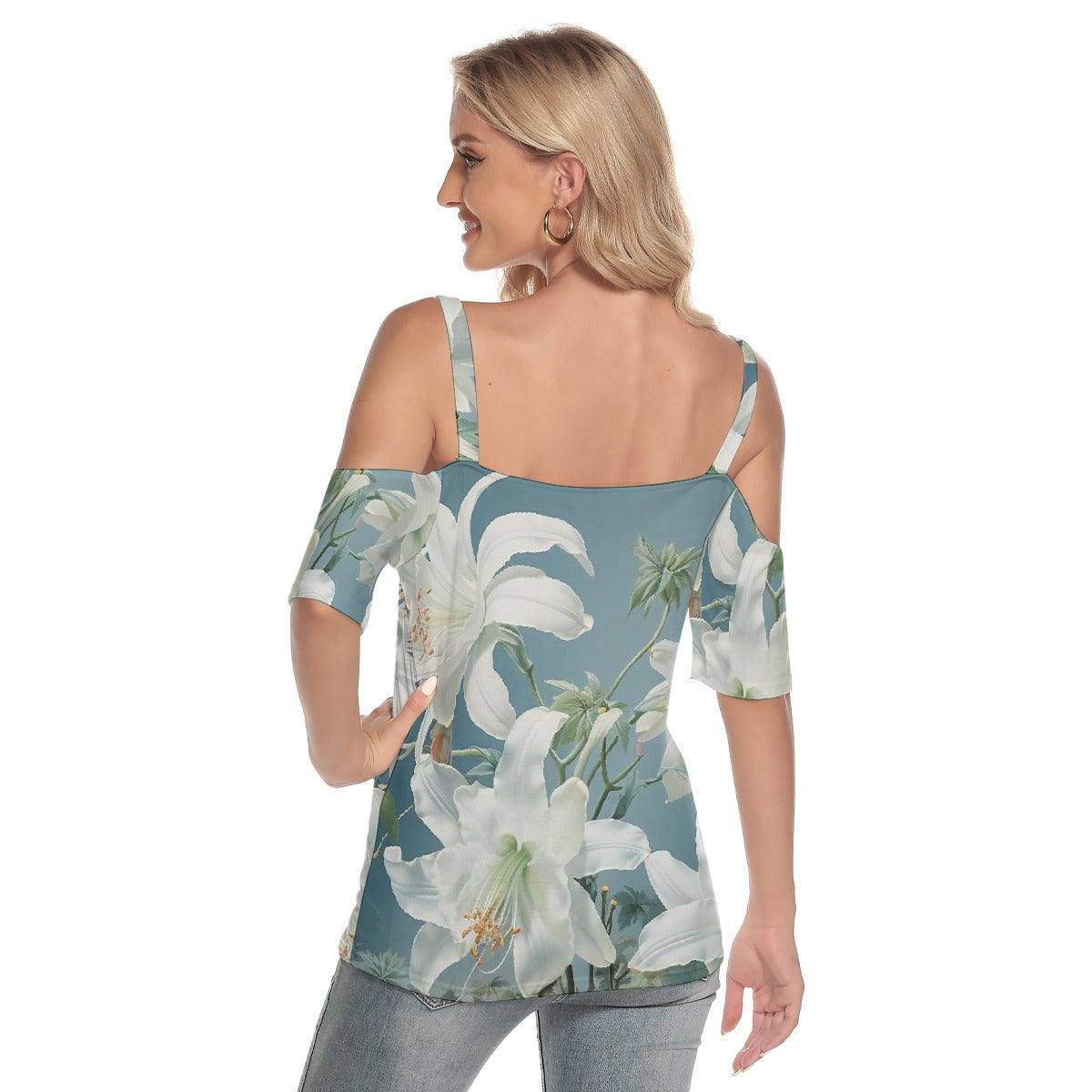 All-Over Print Women's Cold Shoulder T-shirt With Criss Cross Strips