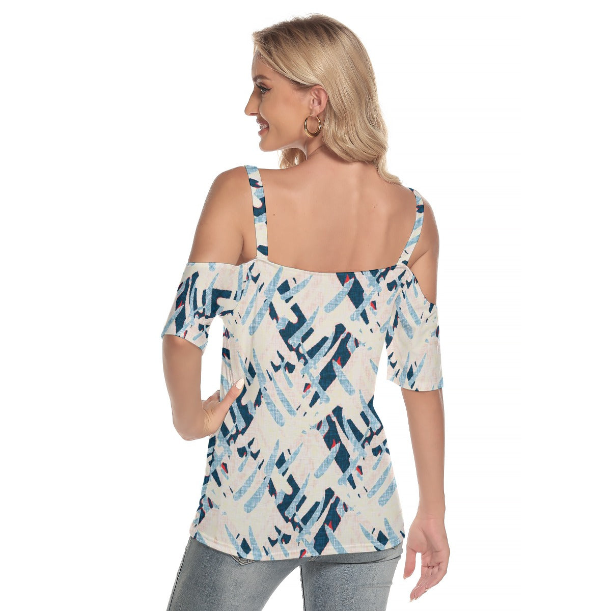 All-Over Print Women's Cold Shoulder T-shirt With Criss Cross Strips