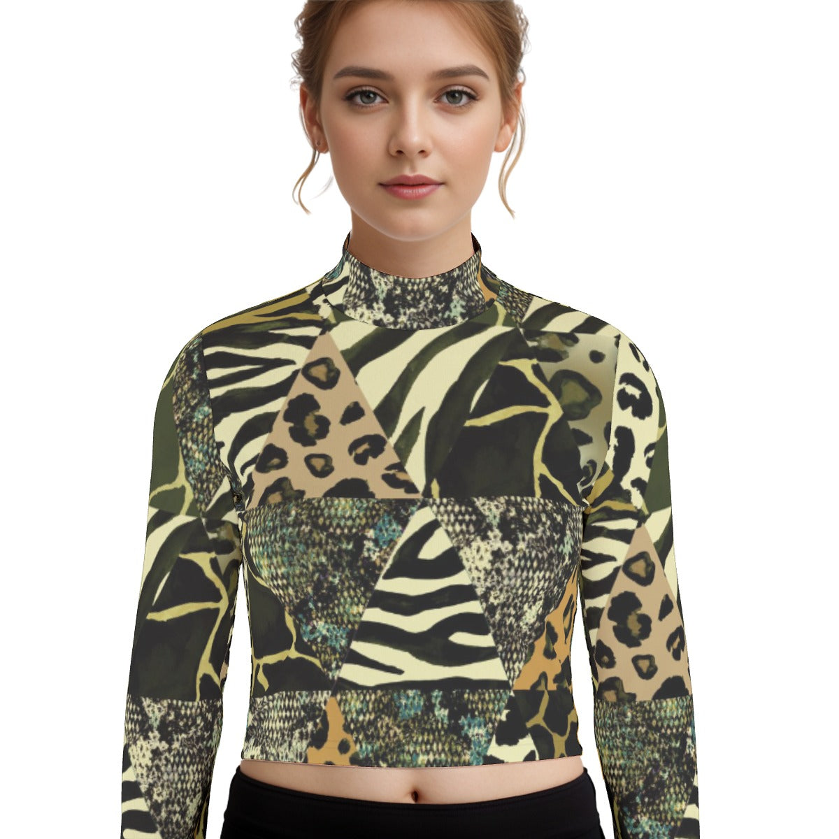 Eco-Friendly All-Over Print Women's Turtleneck T-shirt With Long Sleeve