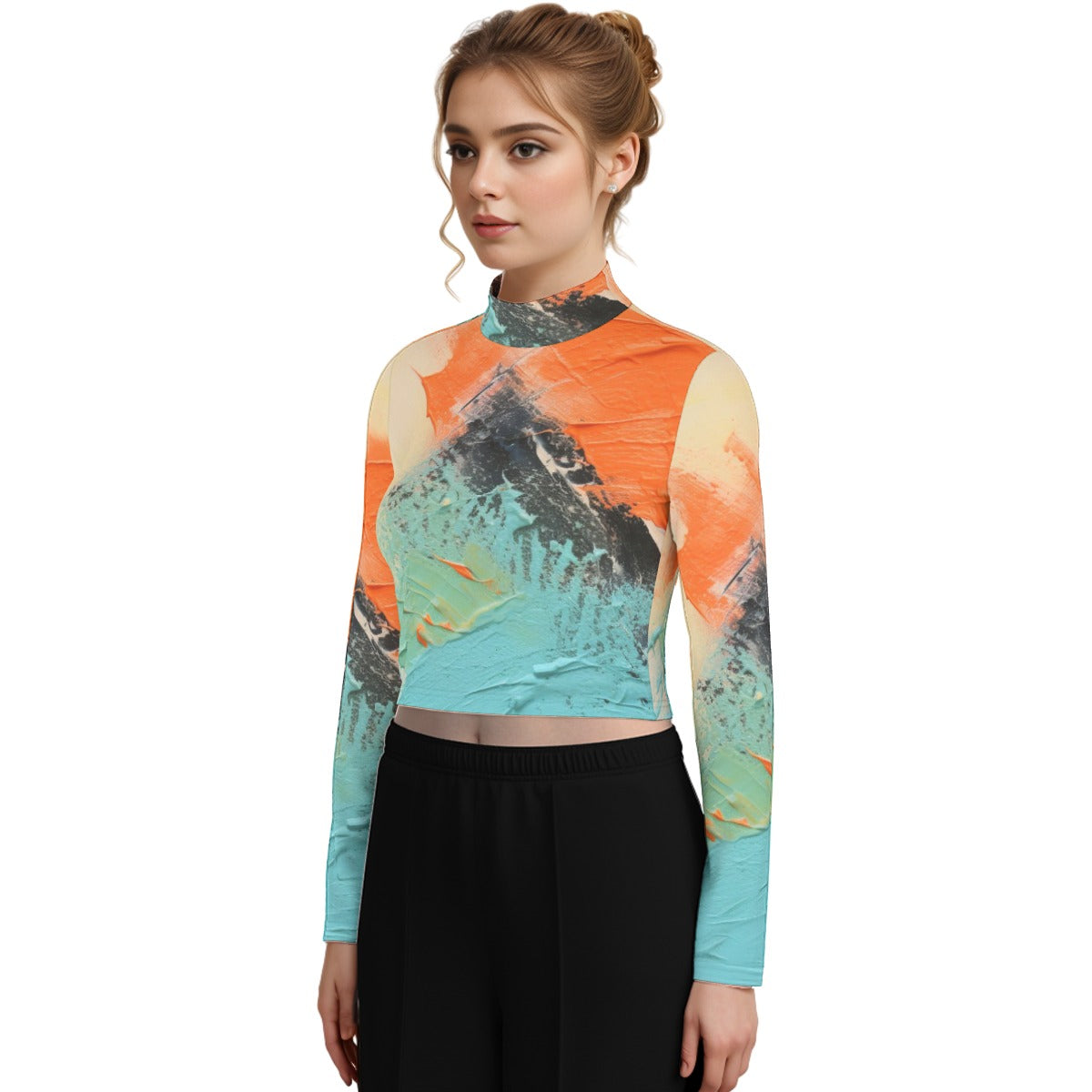 Eco-Friendly All-Over Print Women's Turtleneck T-shirt With Long Sleeve