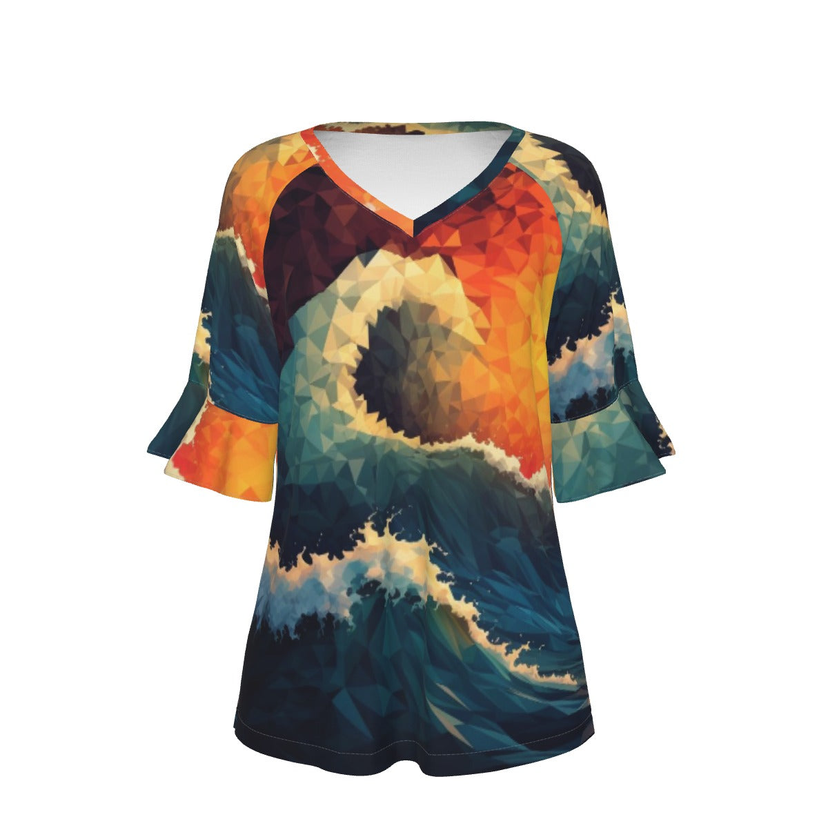 All-Over Print V-neck Women's T-shirt With Bell Sleeve