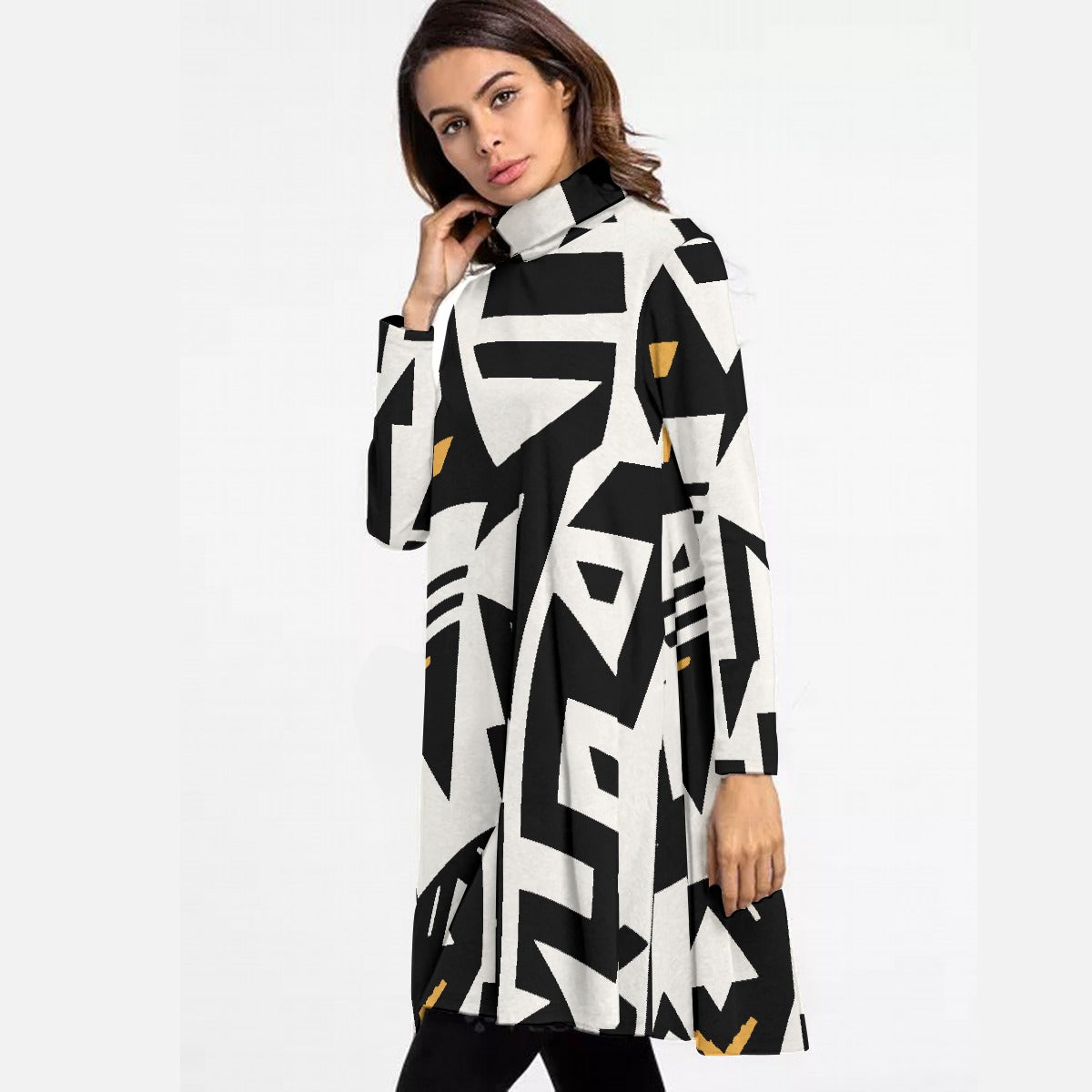 All-Over Print Women's High Neck Dress With Long Sleeve