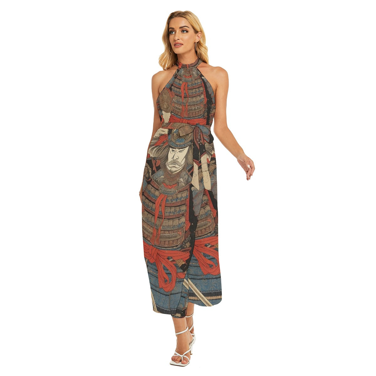 All-Over Print Women's Wrap Hem Belted Halter Dress