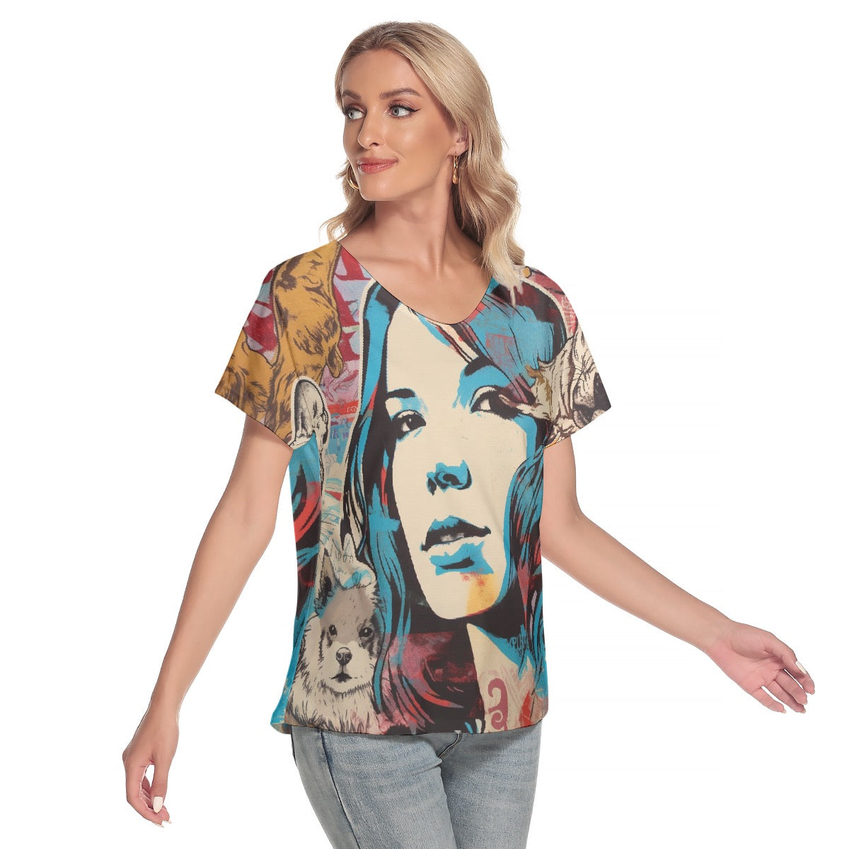 All-Over Print Women's Loose V-neck Short Sleeve T-shirt