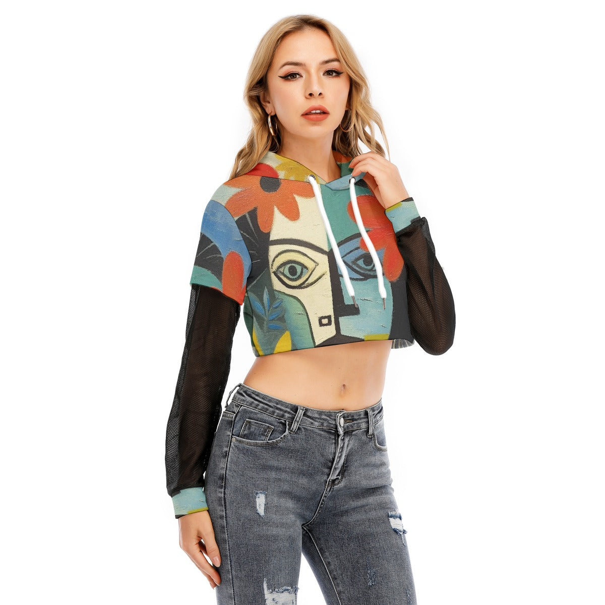 All-Over Print Women's Fake Two-piece Mesh Sleeve Cropped Hoodie