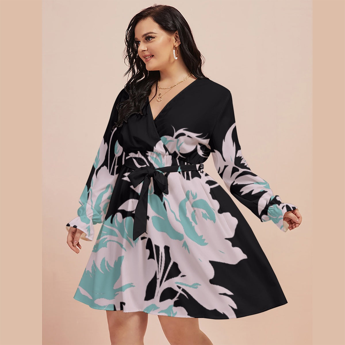 All-Over Print Women's V-neck Dress With Waistband(Plus Size)