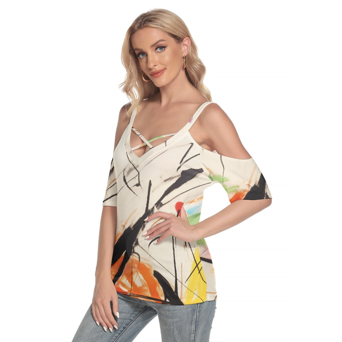 All-Over Print Women's Cold Shoulder T-shirt With Criss Cross Strips