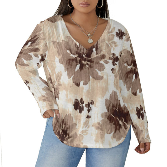 All-Over Print Women's V-neck T-shirt With Curved Hem(Plus Size)