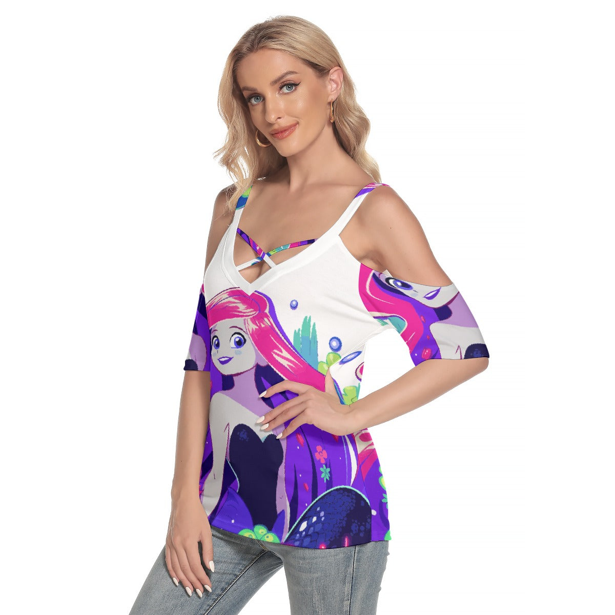 All-Over Print Women's Cold Shoulder T-shirt With Criss Cross Strips