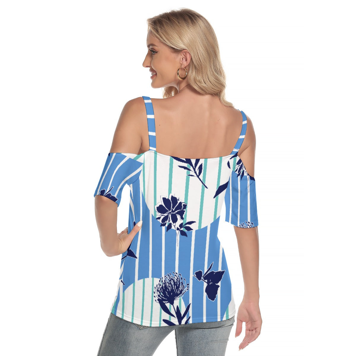 All-Over Print Women's Cold Shoulder T-shirt With Criss Cross Strips