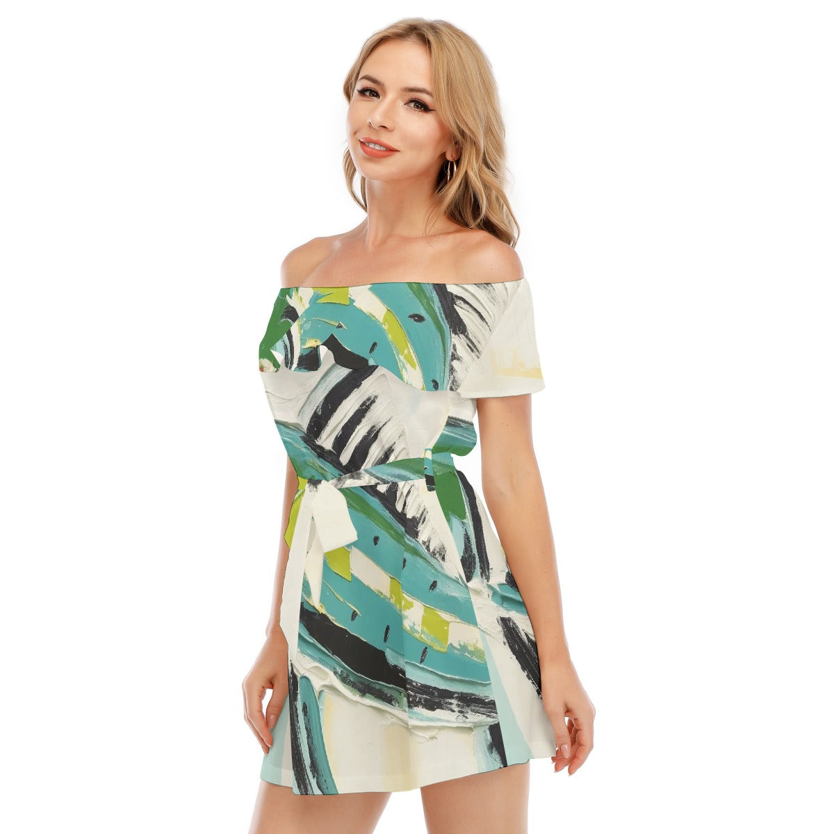 All-Over Print Women's Off-shoulder Dress With Ruffle