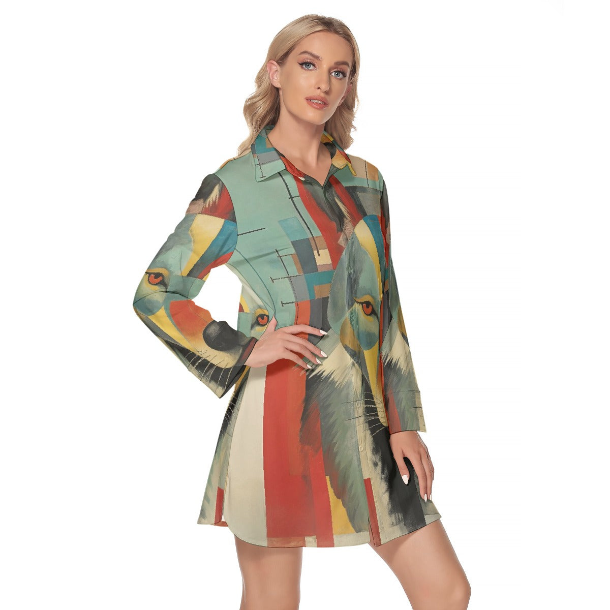 All-Over Print Women's Lapel Shirt Dress With Long Sleeve