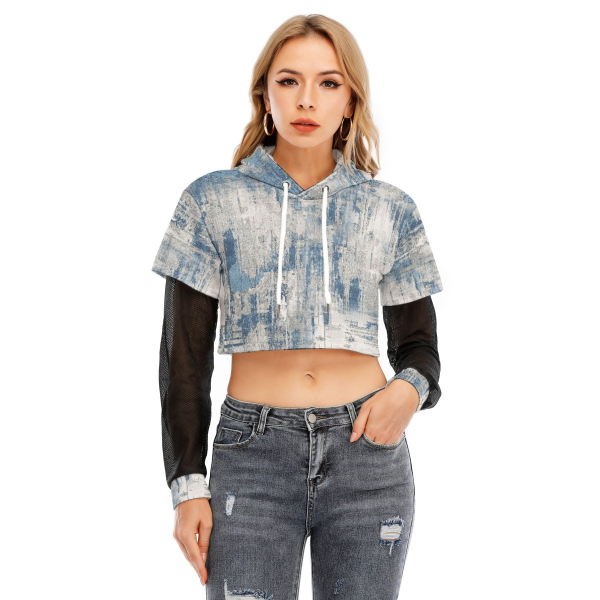 All-Over Print Women's Fake Two-piece Mesh Sleeve Cropped Hoodie