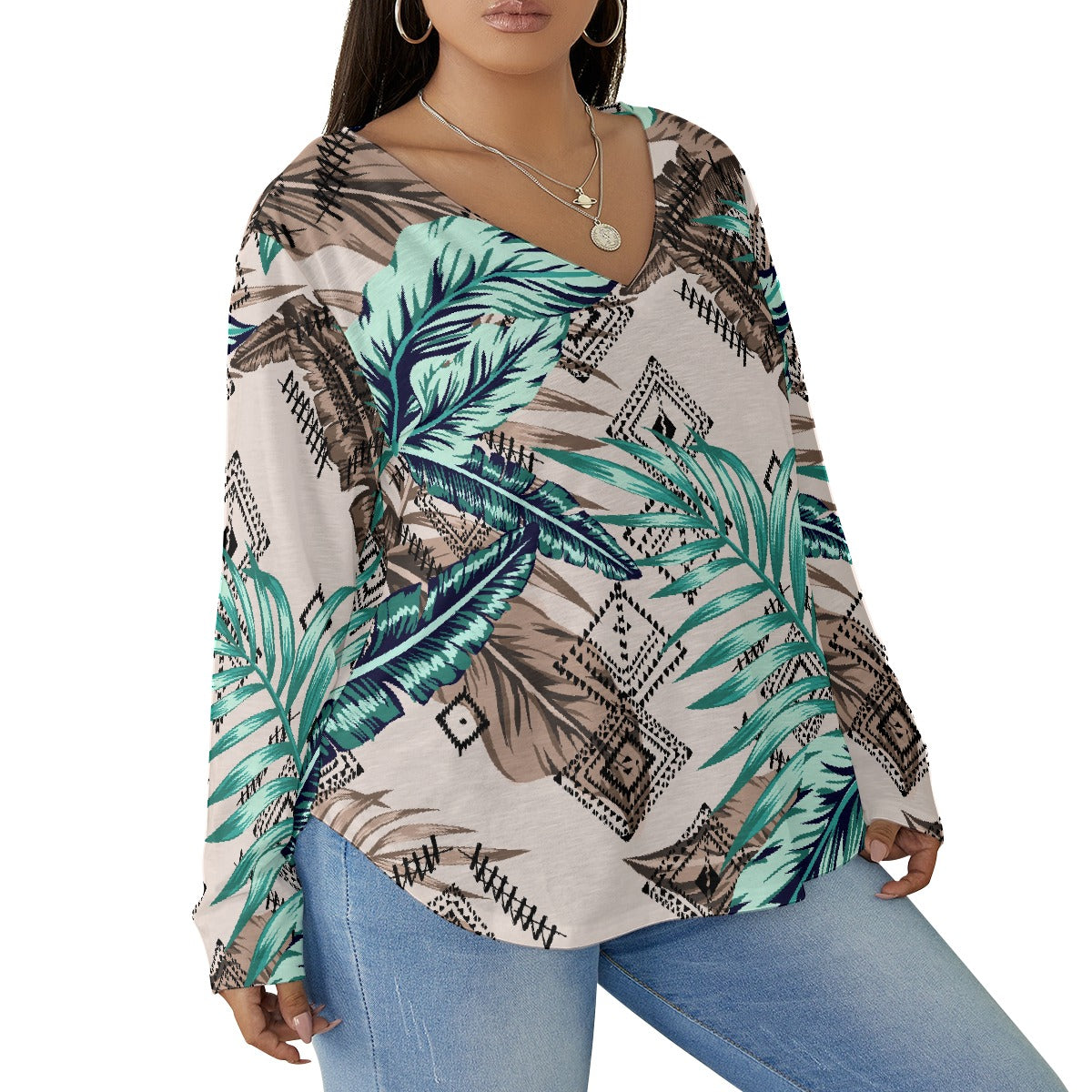 All-Over Print Women's V-neck T-shirt With Curved Hem(Plus Size)