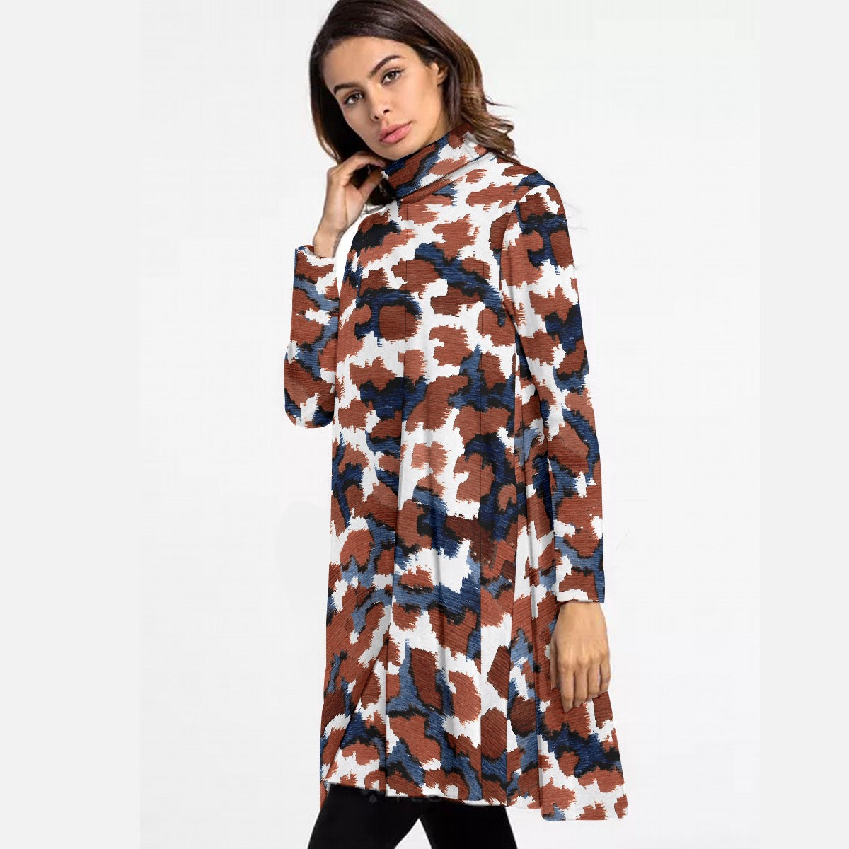 All-Over Print Women's High Neck Dress With Long Sleeve