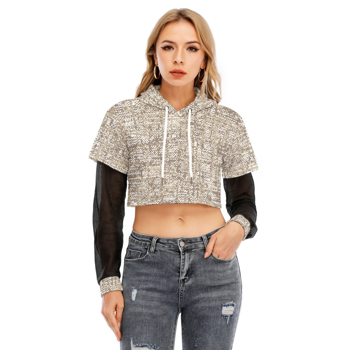 All-Over Print Women's Fake Two-piece Mesh Sleeve Cropped Hoodie