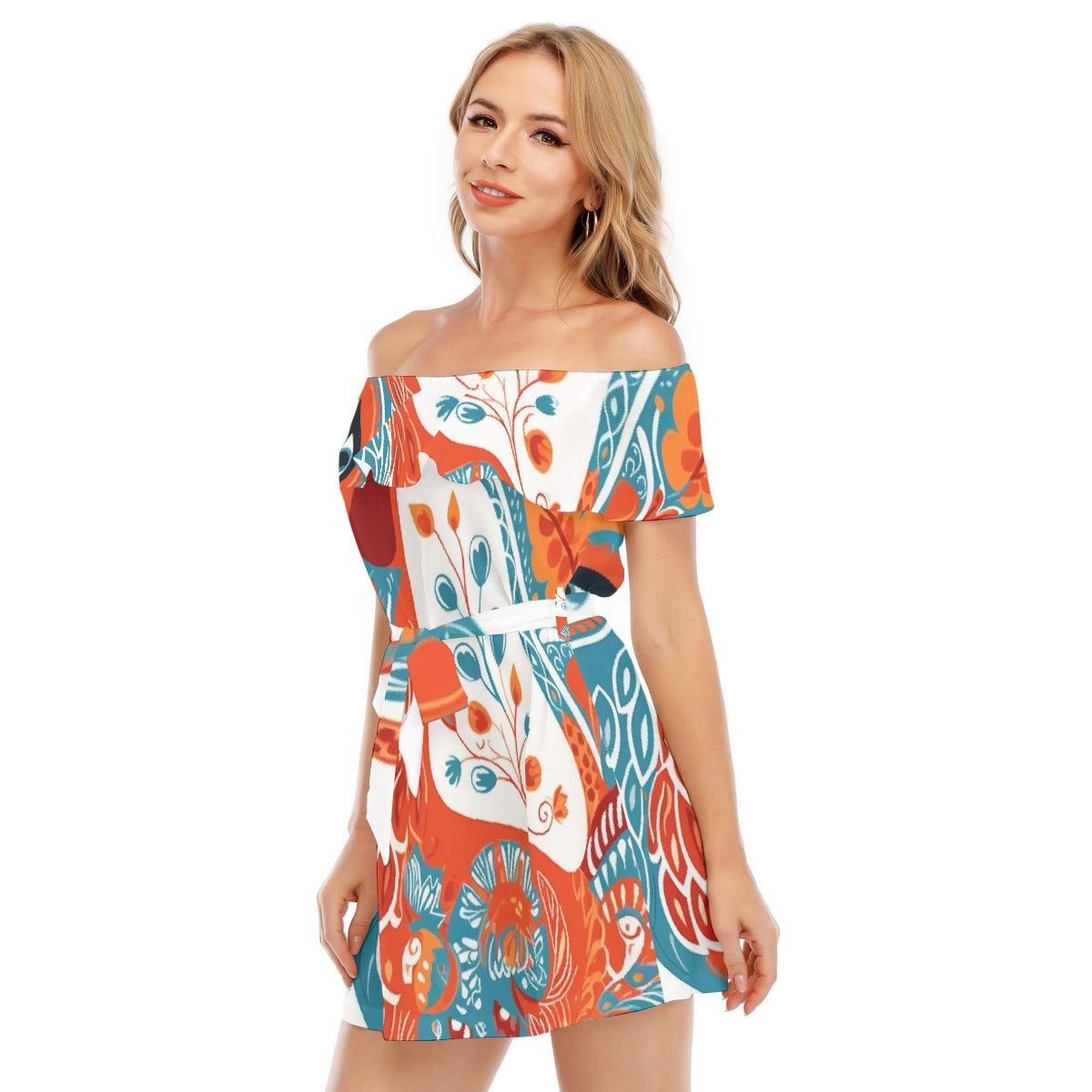 All-Over Print Women's Off-shoulder Dress With Ruffle