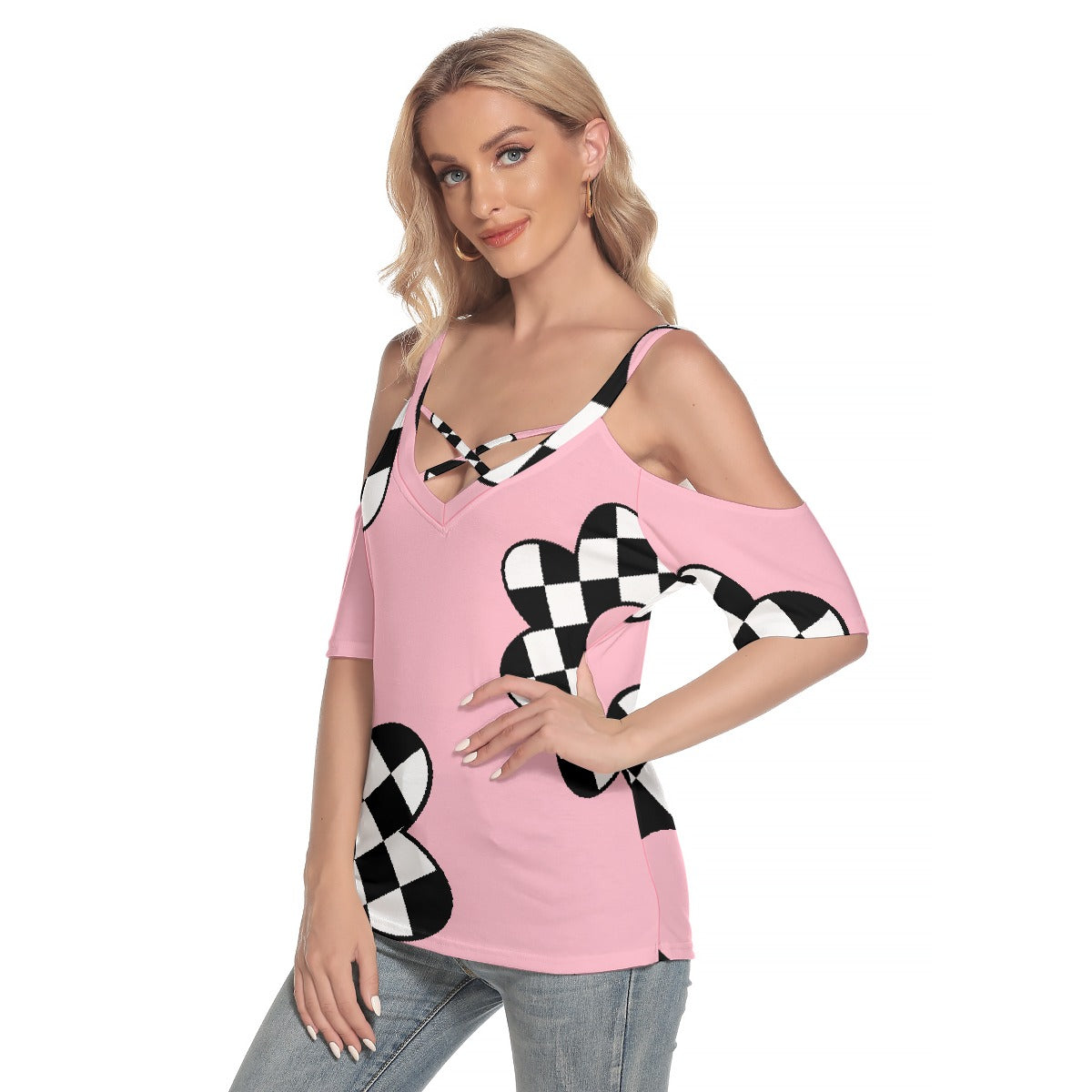 All-Over Print Women's Cold Shoulder T-shirt With Criss Cross Strips