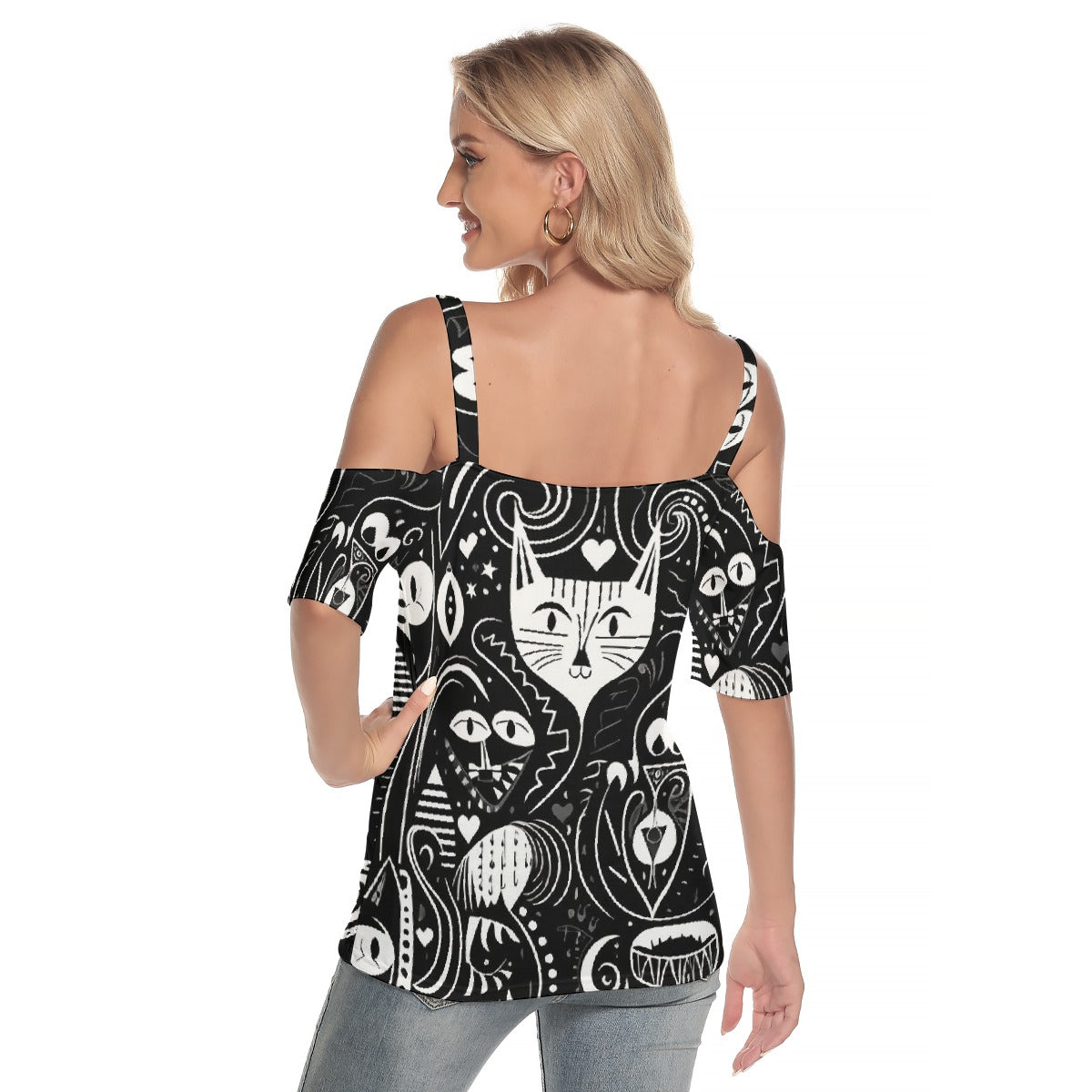 All-Over Print Women's Cold Shoulder T-shirt With Criss Cross Strips