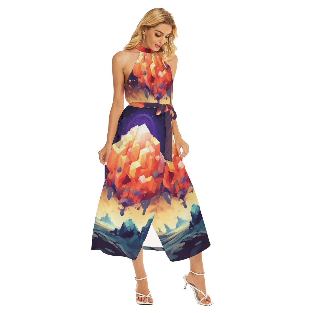 All-Over Print Women's Wrap Hem Belted Halter Dress