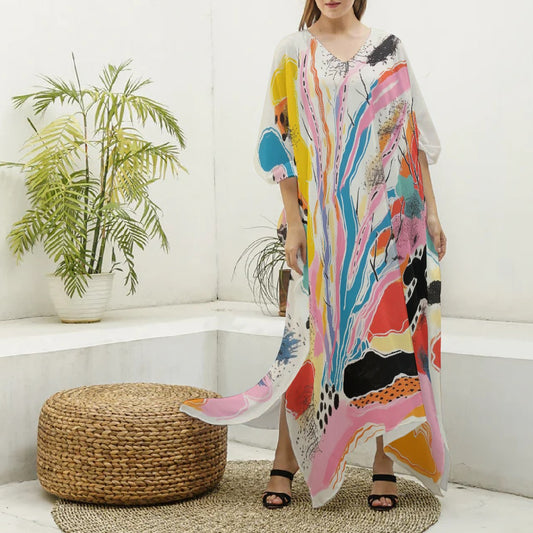 All-Over Print Women's Imitation Silk V-neck Kaftan Robe