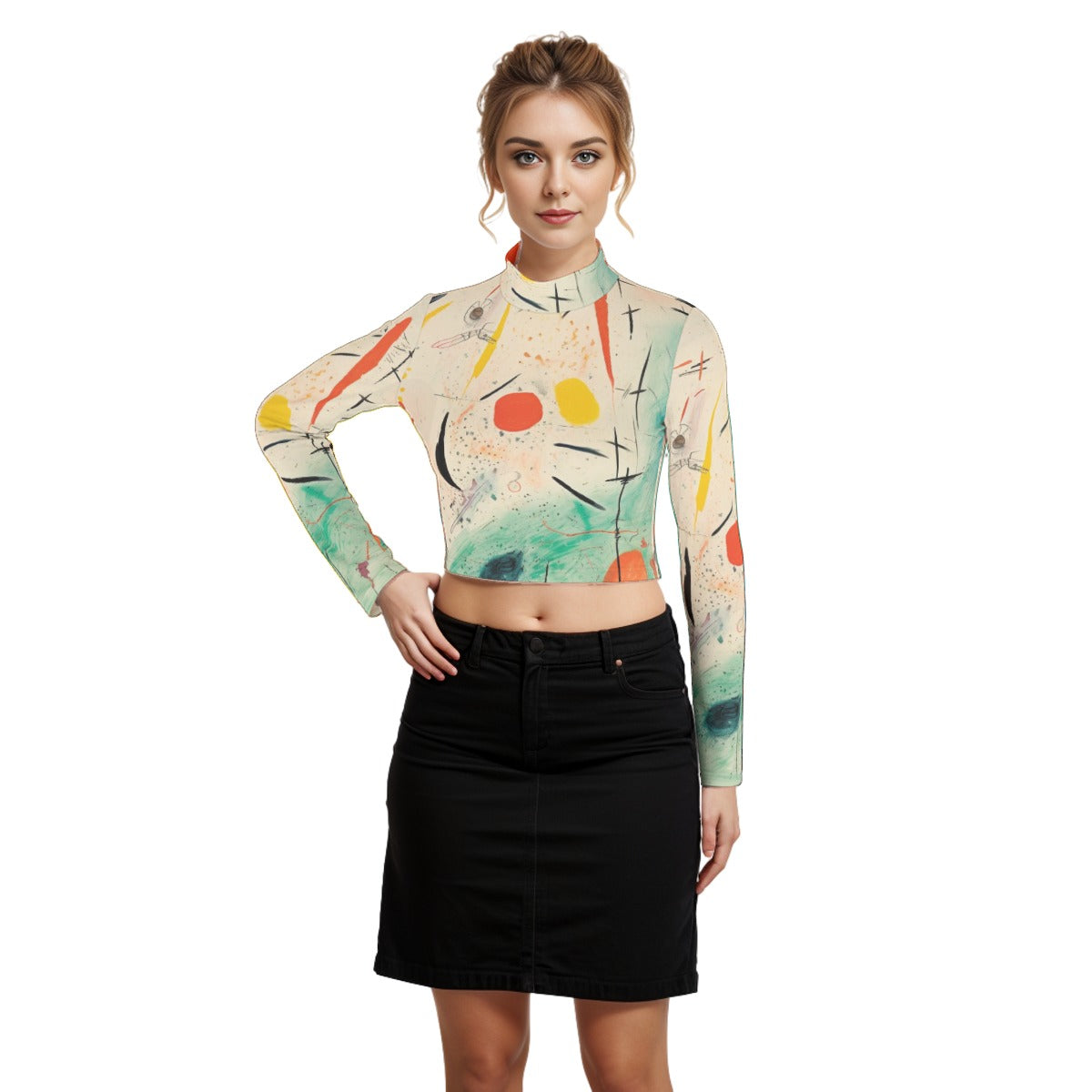 Eco-Friendly All-Over Print Women's Turtleneck T-shirt With Long Sleeve