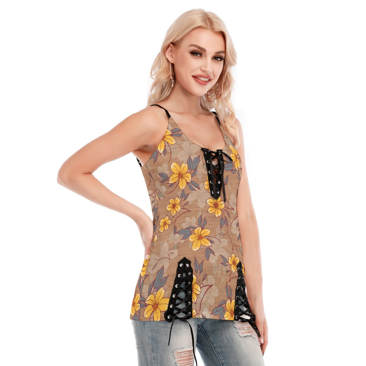 All-Over Print Women's V-neck Eyelet Lace-up Cami Dress