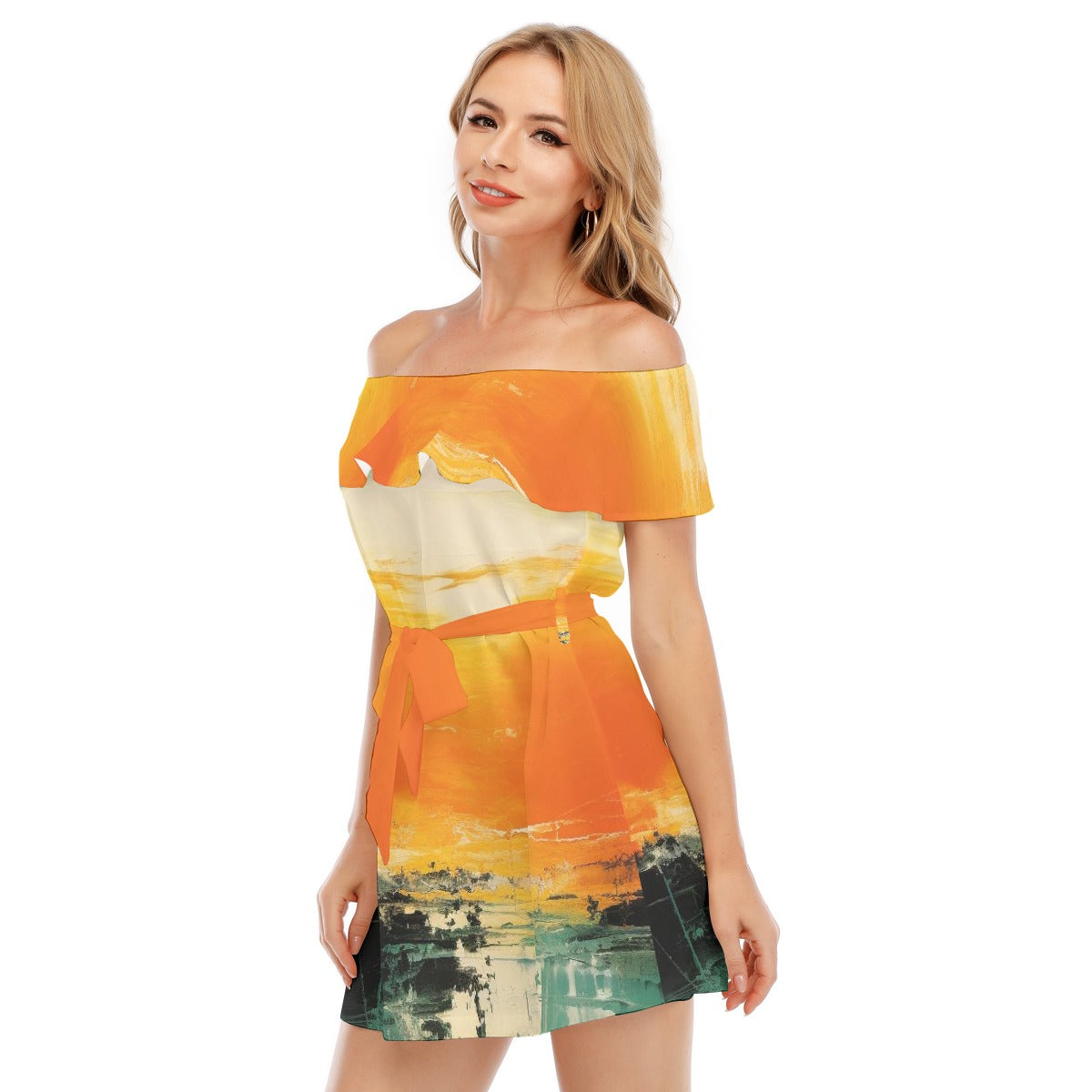 All-Over Print Women's Off-shoulder Dress With Ruffle