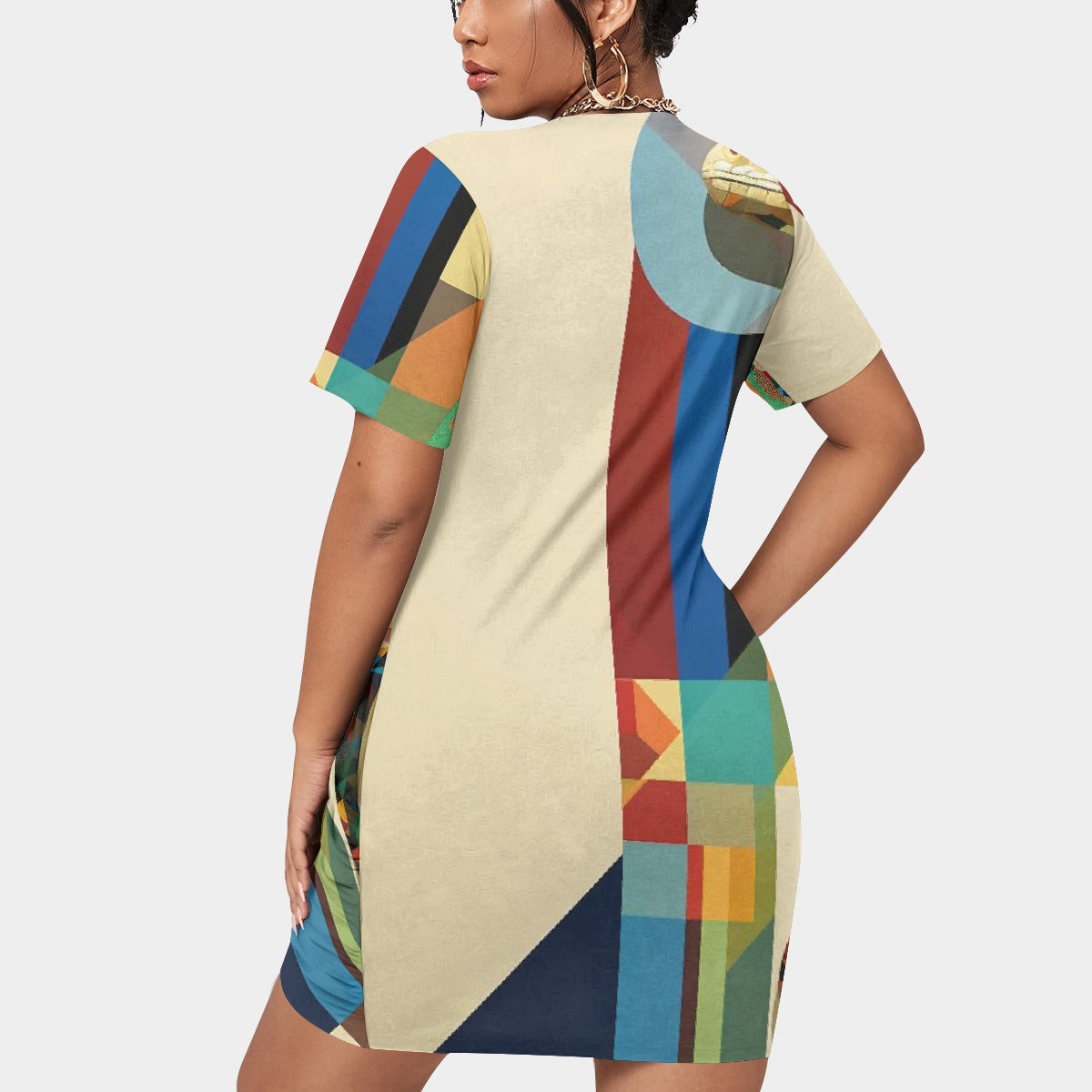 All-Over Print Women’s Stacked Hem Dress With Short Sleeve（Plus Size）