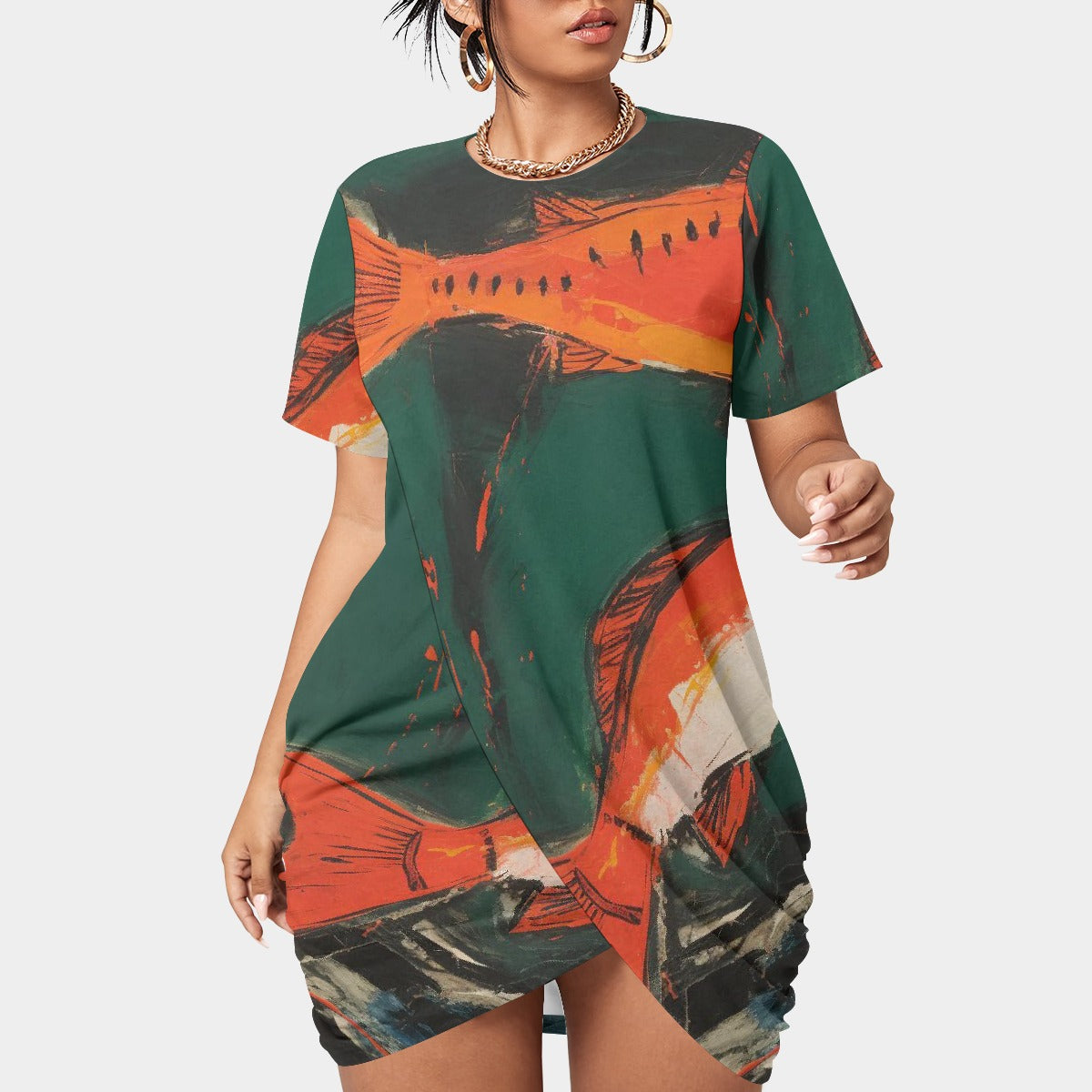 All-Over Print Women’s Stacked Hem Dress With Short Sleeve（Plus Size）