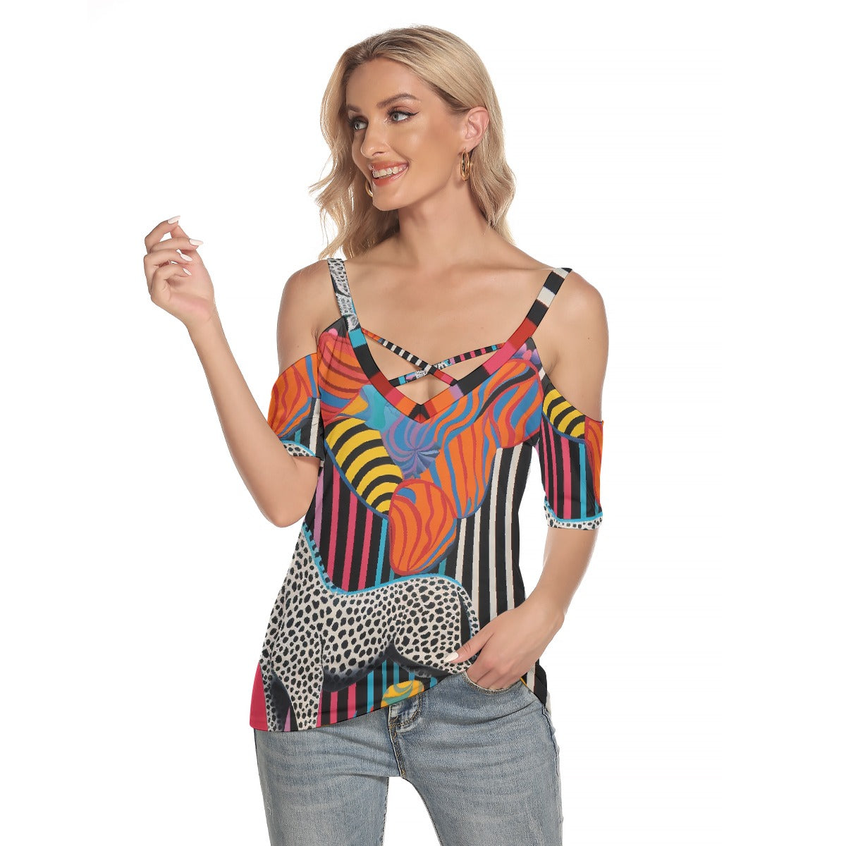 All-Over Print Women's Cold Shoulder T-shirt With Criss Cross Strips