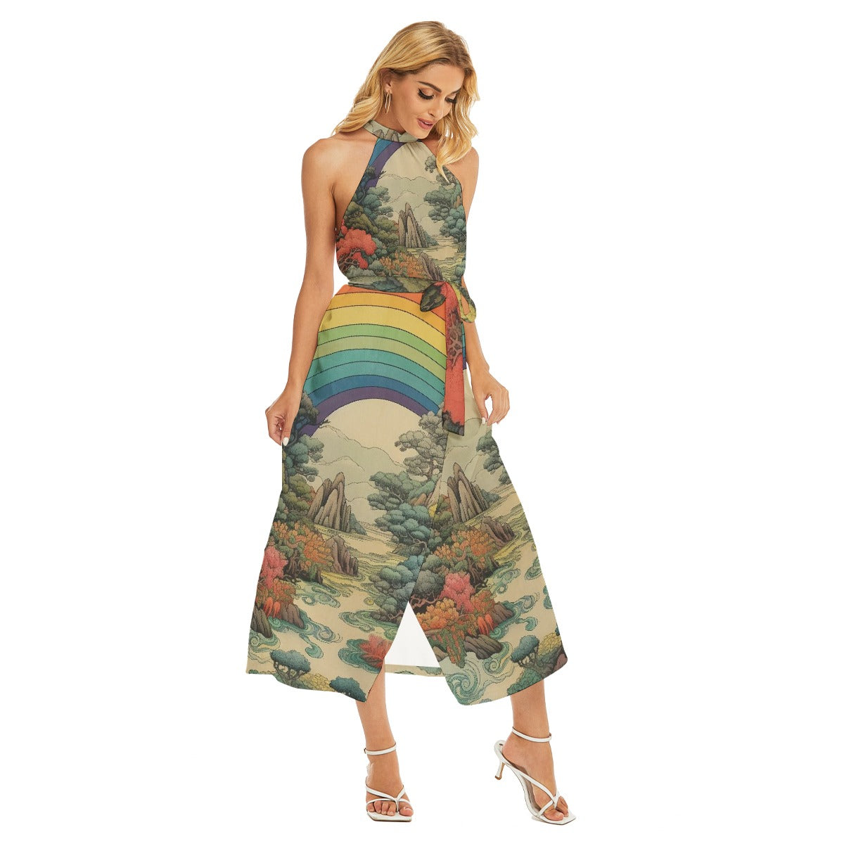 All-Over Print Women's Wrap Hem Belted Halter Dress