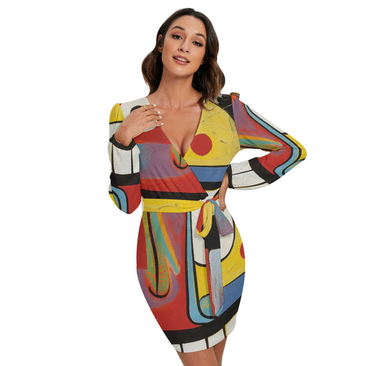 All-Over Print Women's Long Sleeve Dress With Waist Belt