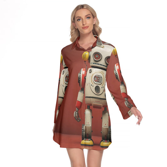 All-Over Print Women's Lapel Shirt Dress With Long Sleeve