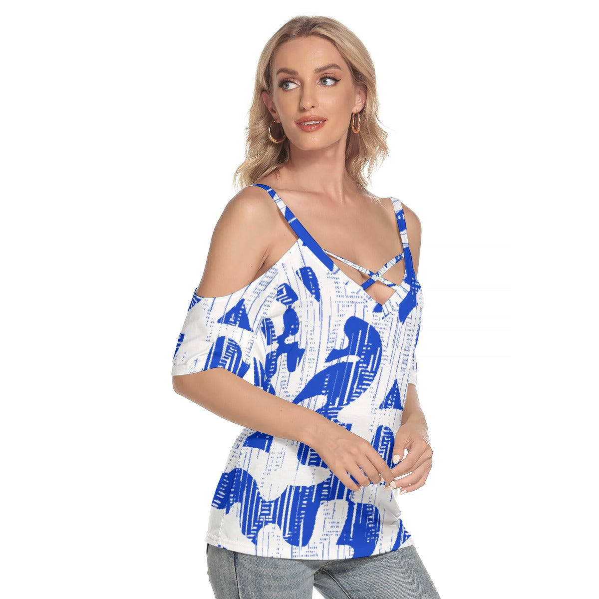 All-Over Print Women's Cold Shoulder T-shirt With Criss Cross Strips